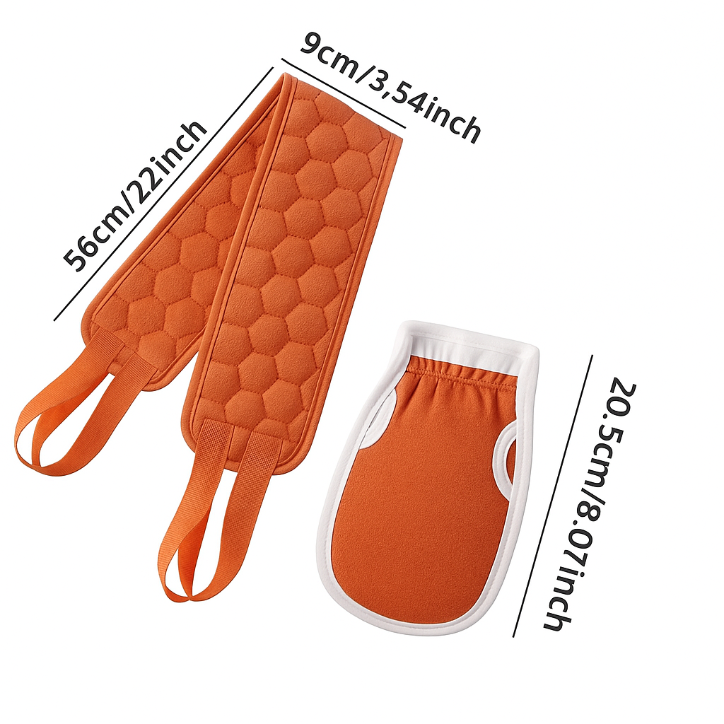 Deep Clean Spa Duo –– 2Pc Exfoliating Bath Glove & Back Scrubber Set –– Burnt Red
