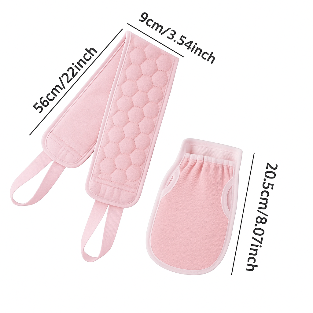 Deep Clean Spa Duo –– 2Pc Exfoliating Bath Glove & Back Scrubber Set –– Soft Pink