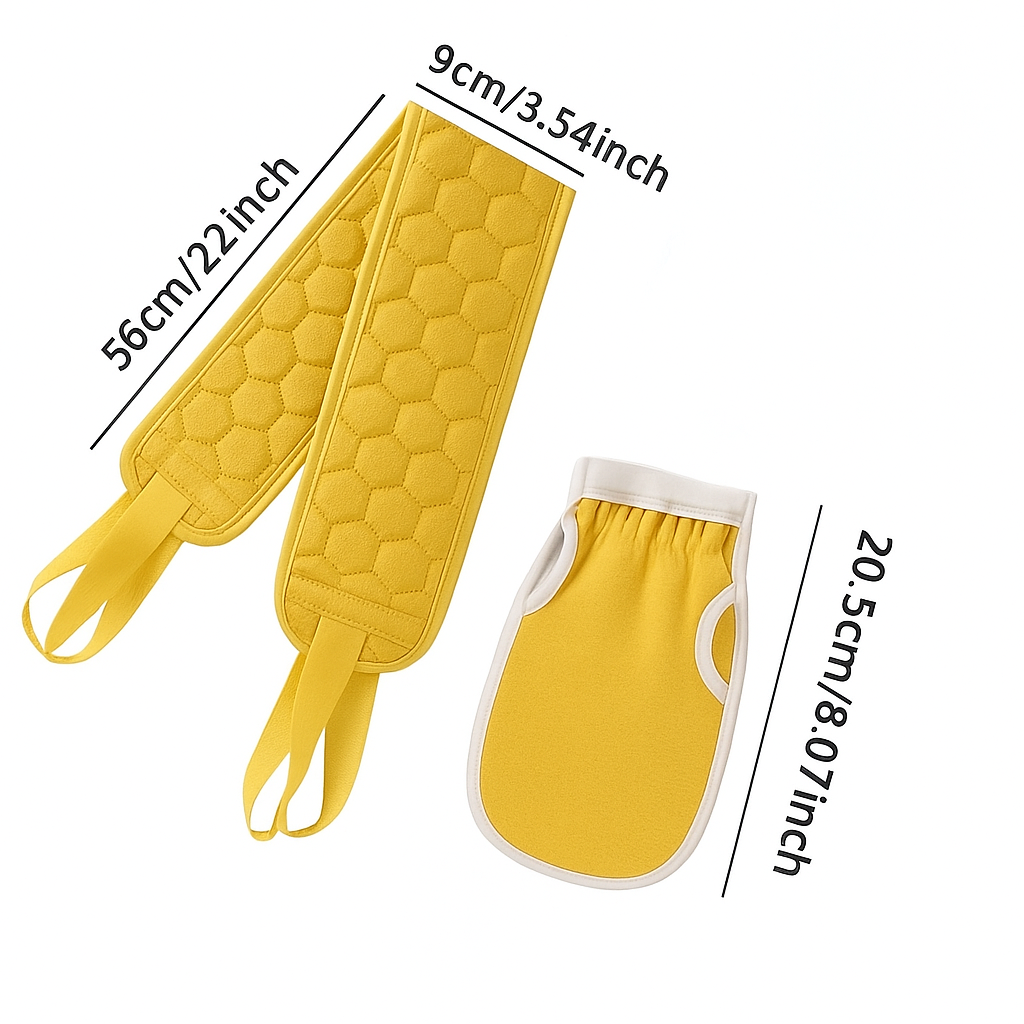 Deep Clean Spa Duo –– 2Pc Exfoliating Bath Glove & Back Scrubber Set –– Mustard