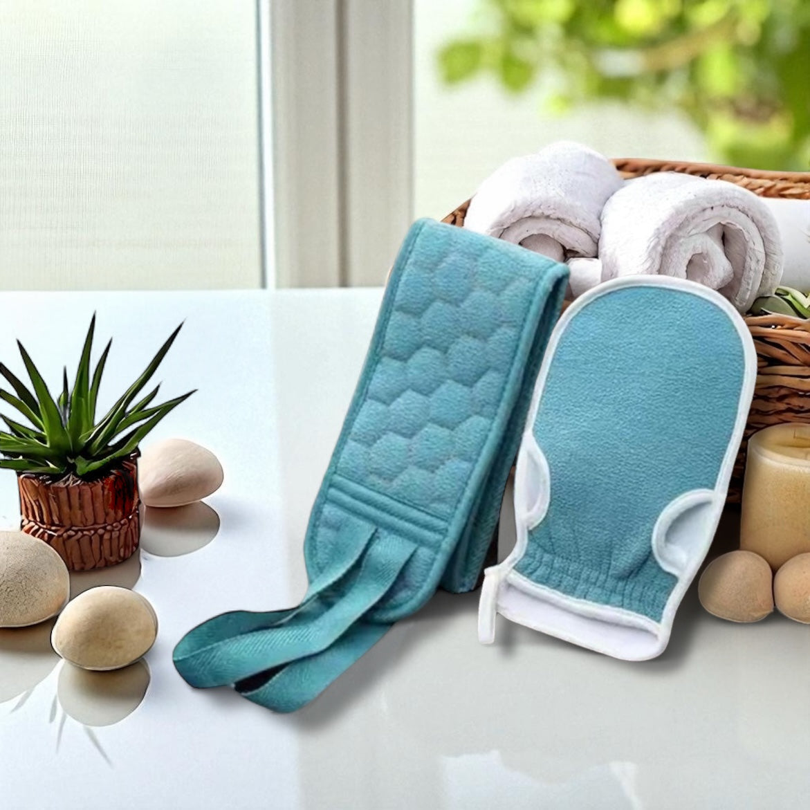 Deep Clean Spa Duo –– 2Pc Exfoliating Bath Glove & Back Scrubber Set –– Blue