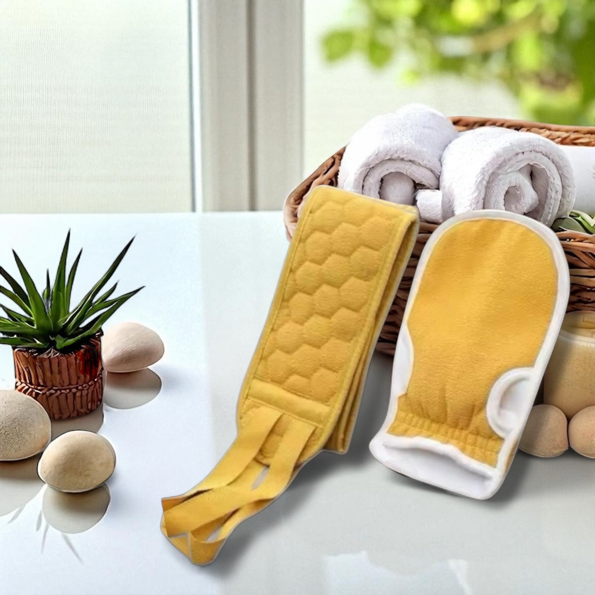Deep Clean Spa Duo –– 2Pc Exfoliating Bath Glove & Back Scrubber Set –– Mustard