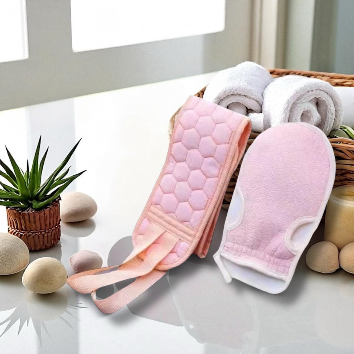 Deep Clean Spa Duo –– 2Pc Exfoliating Bath Glove & Back Scrubber Set –– Soft Pink