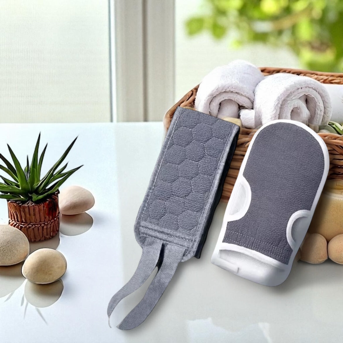 Deep Clean Spa Duo –– 2Pc Exfoliating Bath Glove & Back Scrubber Set –– Grey