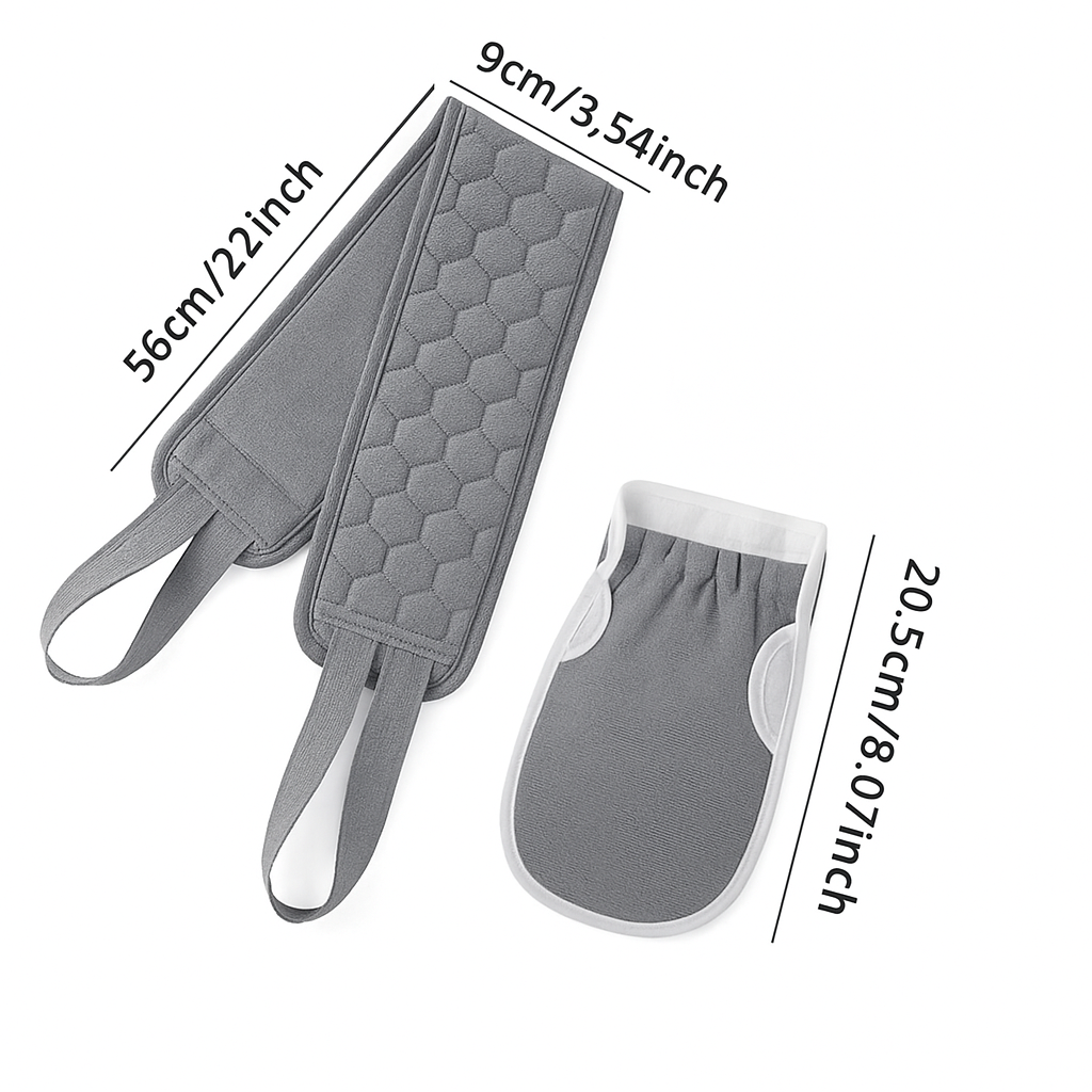 Deep Clean Spa Duo ––  2Pc Exfoliating Bath Glove & Back Scrubber Set –– Grey
