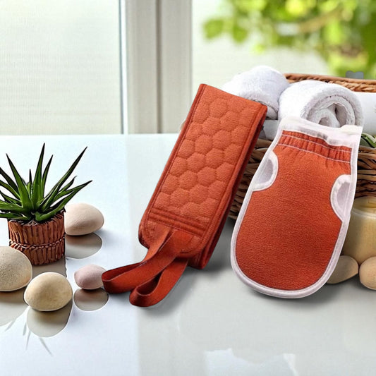 Deep Clean Spa Duo –– 2Pc Exfoliating Bath Glove & Back Scrubber Set –– Burnt Red