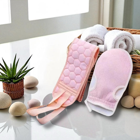 Deep Clean Spa Duo –– 2Pc Exfoliating Bath Glove & Back Scrubber Set –– Soft Pink