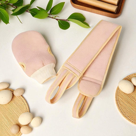 Deep Clean Spa Duo –– 2Pc Exfoliating Bath Glove & Back Scrubber Set –– Apricot