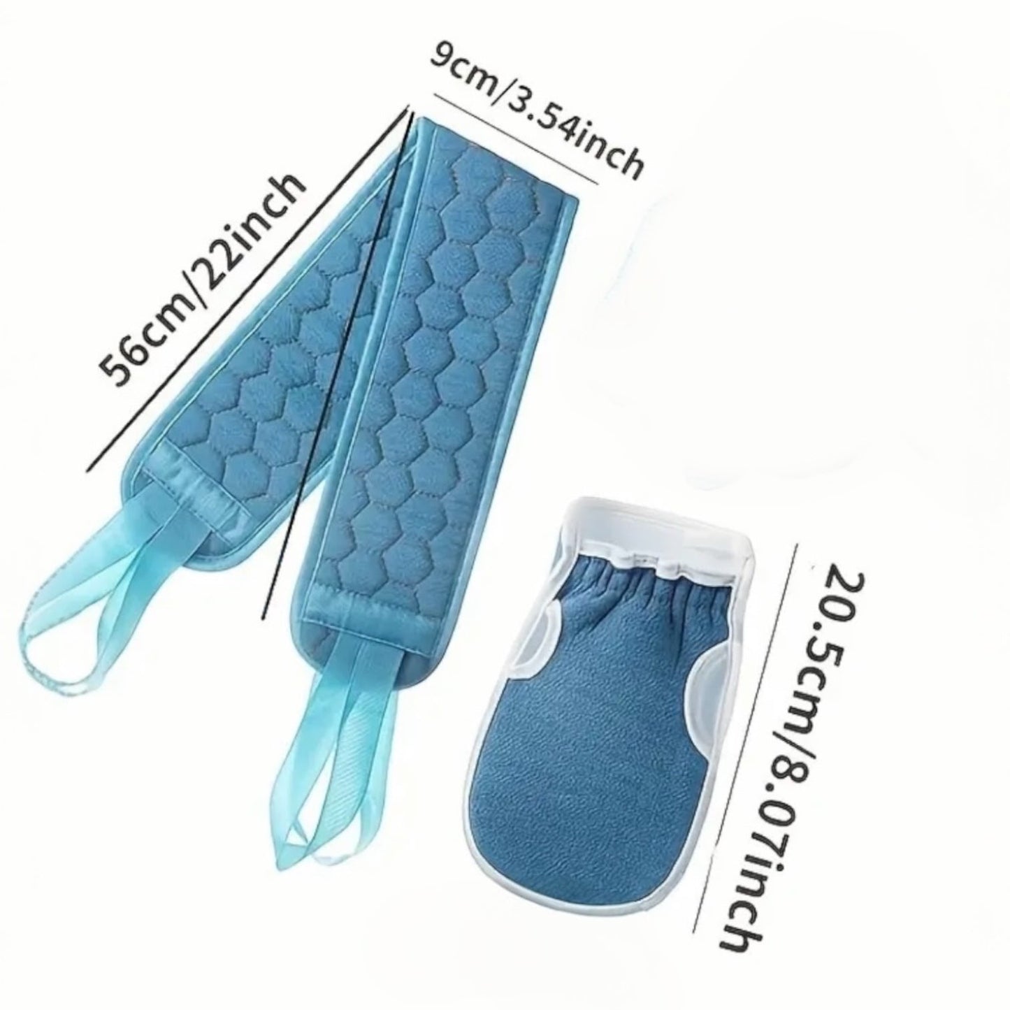 Deep Clean Spa Duo –– 2Pc Exfoliating Bath Glove & Back Scrubber Set –– Blue